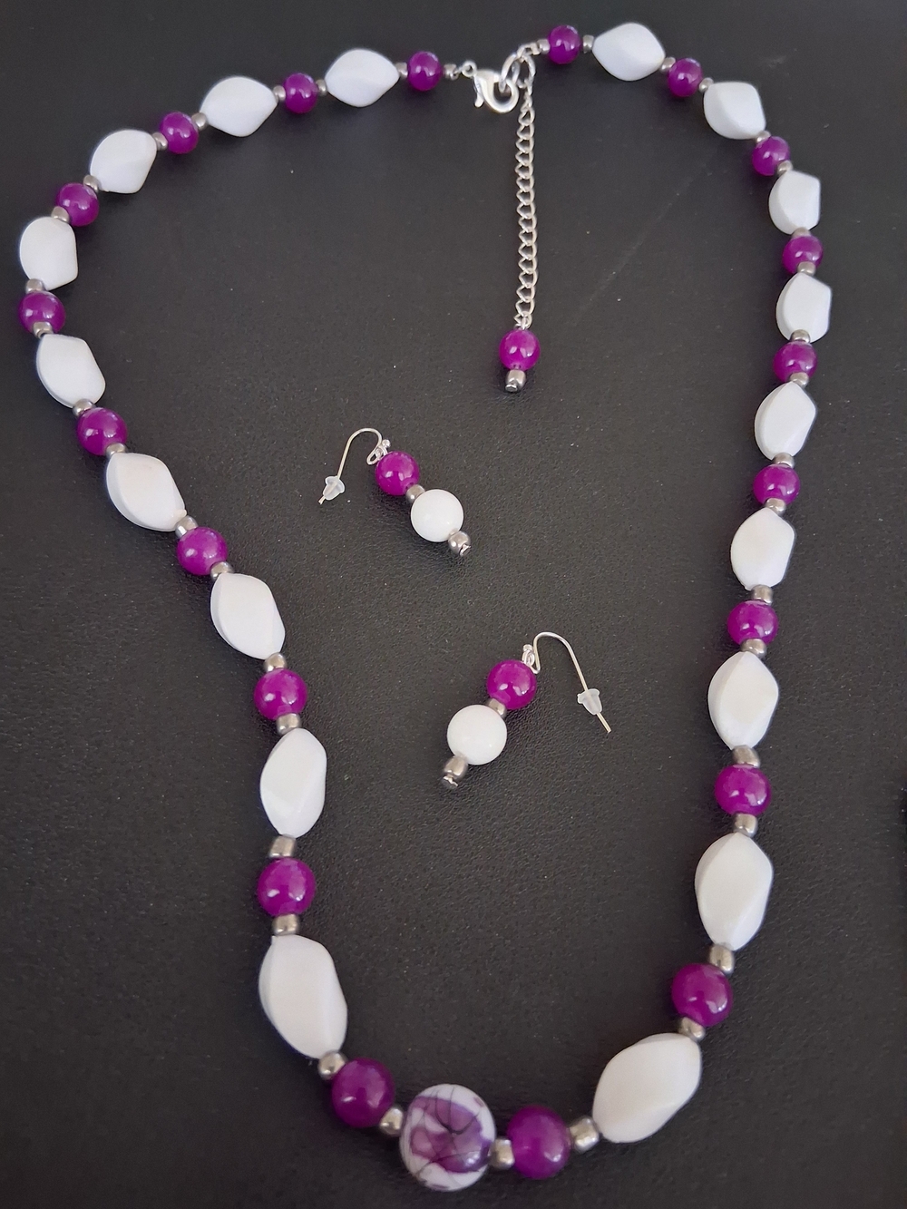 Homemade White and Berry Beaded Necklace & Pierced Earrings Set